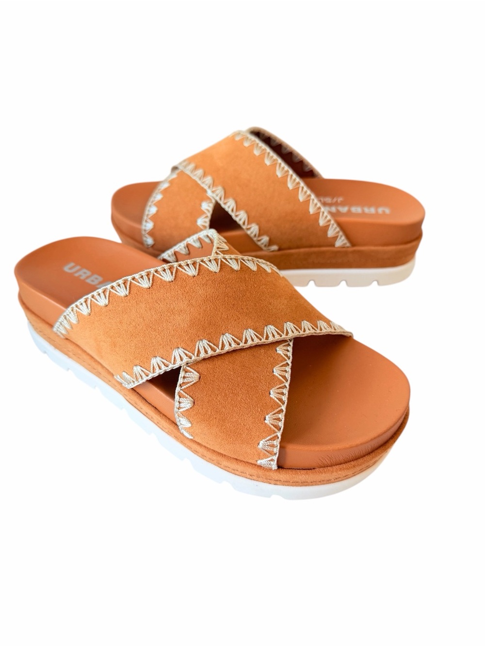 J/Slides Urban Sport Tan Faux Suede Beck Slip On Sandals Size 6.5 New In Box
